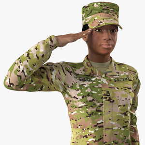 3D model Black Female Soldier Green Camouflage Saluting Pose Fur