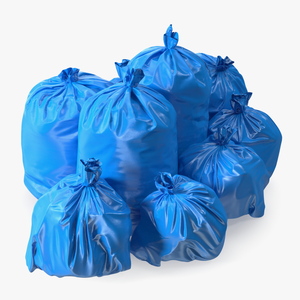 Tied Closed Blue Plastic Rubbish Bags 3D