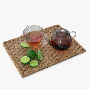 Glass Teapot with Tea Cup and Bergamot on Rattan Mat 3D