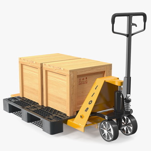 3D Lion Industrial Standard Duty Pallet Jack with Wooden Crates Rigged for Maya
