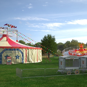 3D Outdoor Carnival Scene with Rides and Circus Tent with Fur model