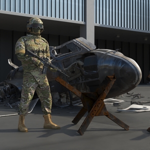 3D model War Zone with Helicopter Wreckage and Soldier