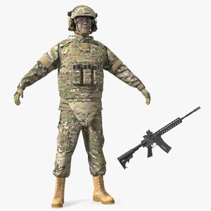 3D Soldier in Green Tactical Gear and Rifle A-pose Fur