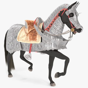 3D model Black Horse in Used Medieval Armor Fur Rigged