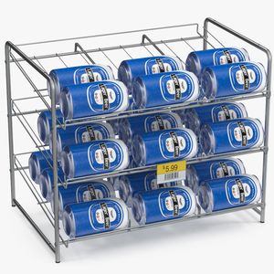 Can Rack Dispenser Chrome with Beer Cans and Price Tag 3D model