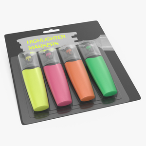 4 Highlighter Markers with Package 3D model