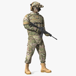 3D model Soldier in Night Vision Goggles Green Camo Standing Fur