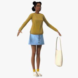 3D Street Style Light Skin Black Young Woman T Pose model