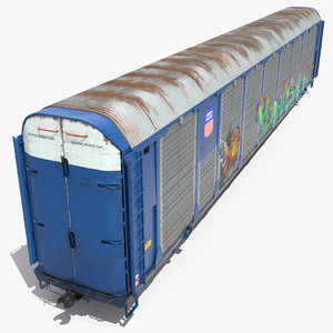 3D Old Auto Rack Train Car Blue model