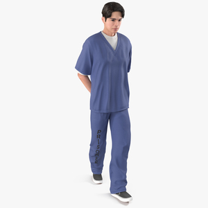 3D model Asian Prisoner Blue Uniform in Handcuffs