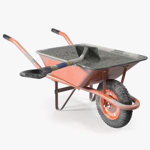 3D One Wheel Construction Cart Full of Concrete with Shovel