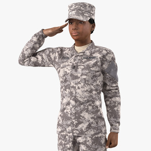 3D Black Female Soldier Military ACU Saluting Pose Fur