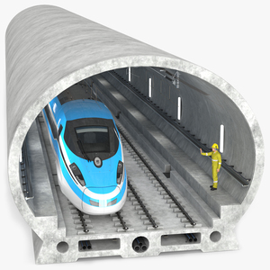 Railway Tunnel Section with Train and Worker 3D model